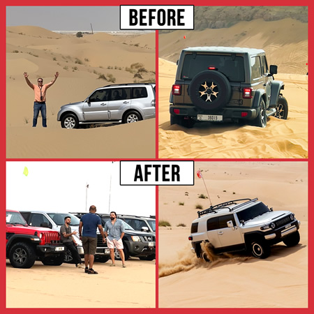 Before and after desert driving training - 4x4 owners gaining confidence on sand dunes